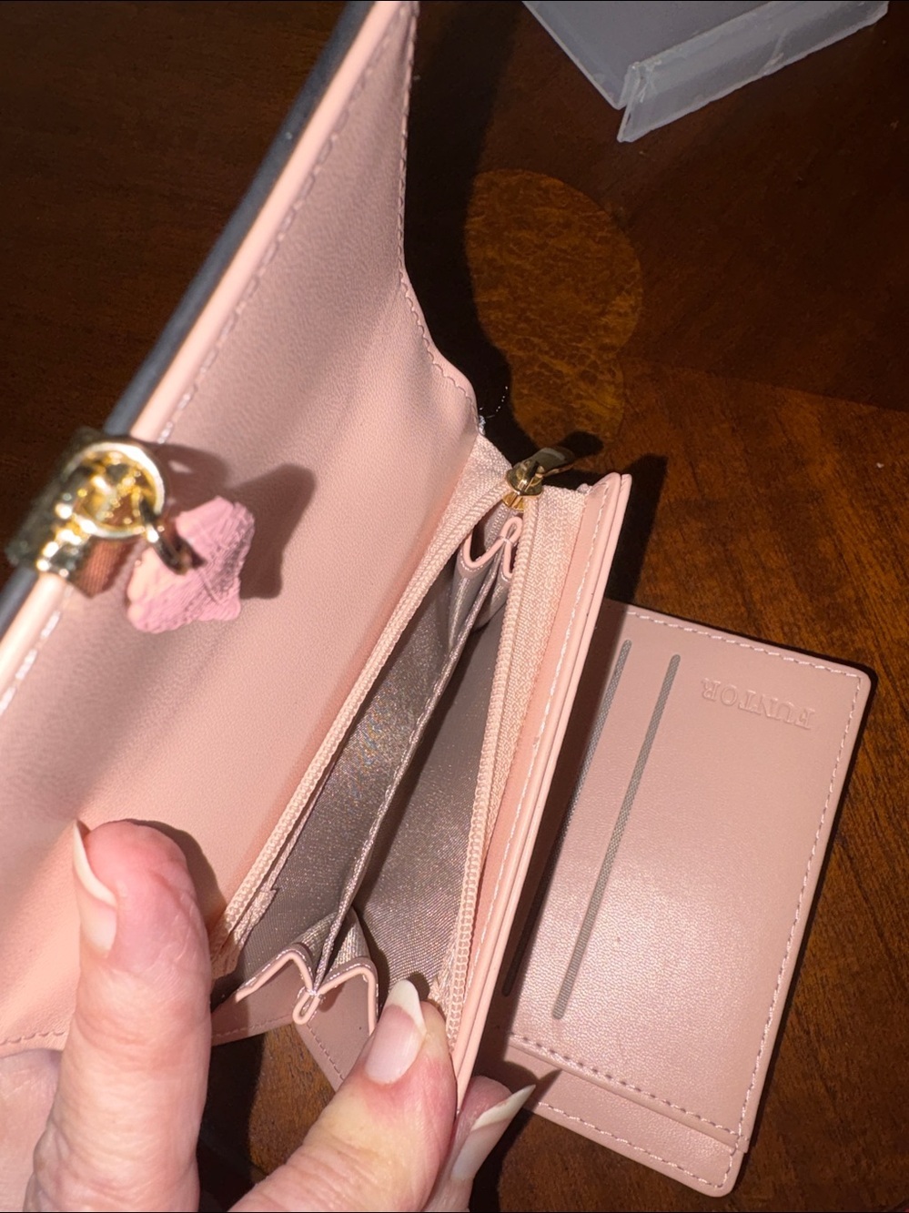 FT  FUNTOR  wallet  small Black /Pink Compact black/pink/leaf charm front  NWOT - Picture 9 of 13